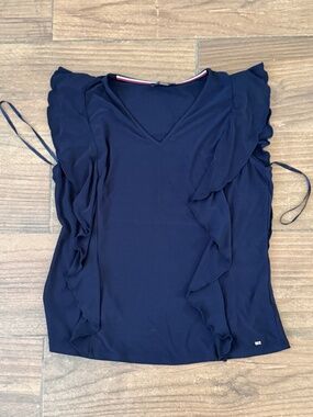 Tommy Hilfiger Navy Blue Ruffle Blouse - Large